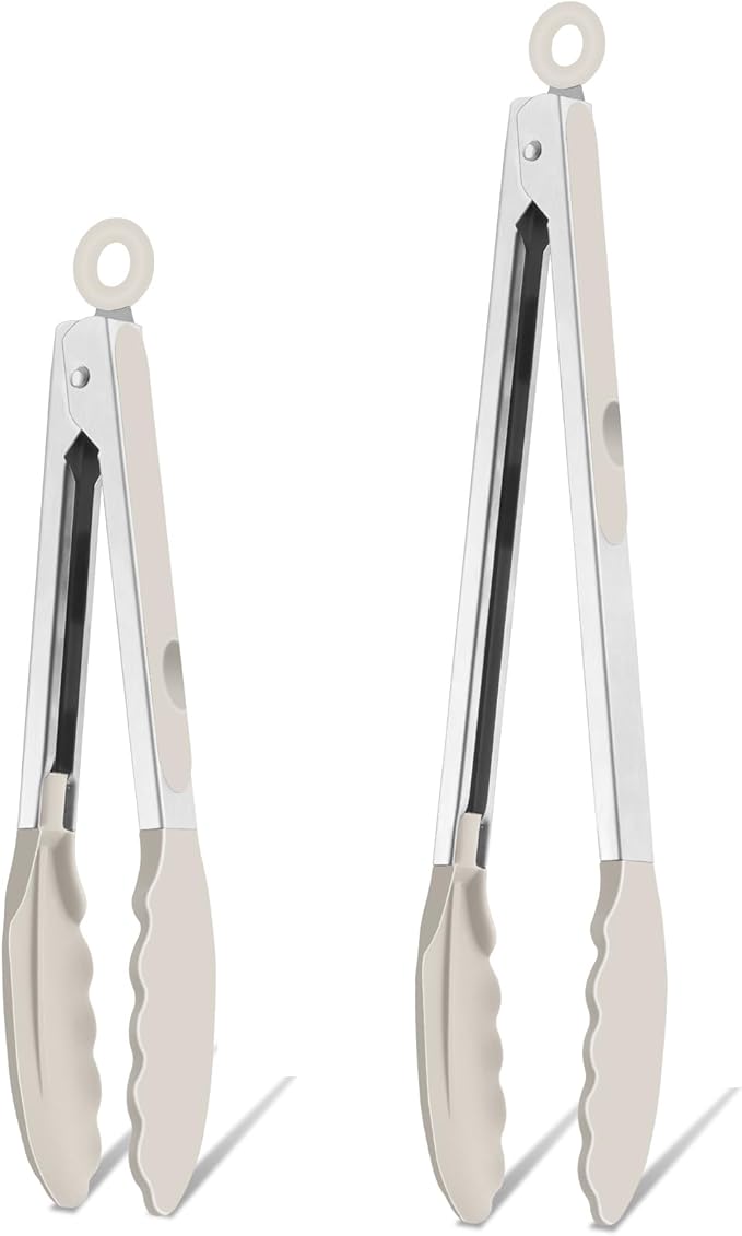 TeamFar Kitchen Tongs, 9" and 12" Stainless Steel Cooking Tongs with Silicone Tips for Cooking Grilling Serving & BBQ, Heat Resistant Silicone Tongs, Locking Design & Dishwasher Safe, Set of 2 & Khaki