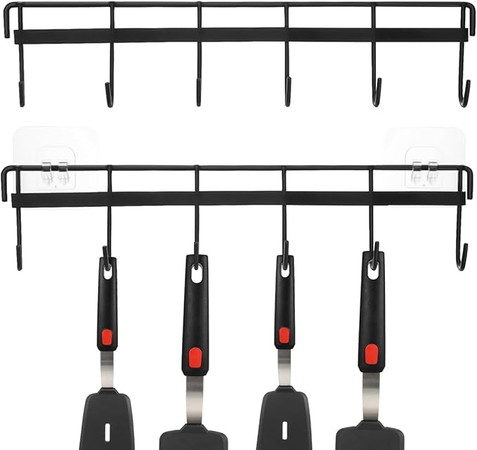 Wall Mounted Kitchen Utensil Rack, No Drilling Iron Hanging Hook for Kitchen Organization, Black, 12.4X2.95In