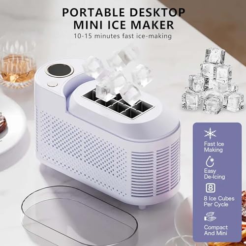 Portable Ice Maker, 8 Cubes in 10 Mins, Dual Power DC 12V & AC, Compact Countertop Machine for Home Office Camping Car, Purple