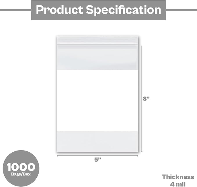 PSBM 1000 Count 4 Mil 5 Inch x 8 Inch, White Block Reclosable Poly Bags, With Write-On Block, Clear Zip Plastic Bag, Lock Seal Zipper For Packing, Storing, Organizing & Shipping Products