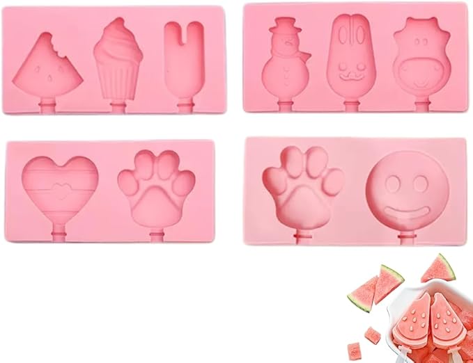 3PCS/4PCS Cute Silicone Ice Cube Mold Set For Toddlers and Kids, Animal/Fruit/Dinosaur Shape Ice Cube Tray, BPA-Free Food Grade Ice Tray, Homemade Frozen Popsicle Maker Mold (4 PCS Pink)