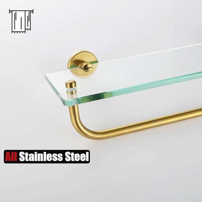 JQK Bathroom Glass Shelf, Shelf with 19 Inch Towel Bar Tempered Glass Shower Storage 20 by 5 inches, 304 Stainless Steel Brushed Gold Wall Mount, TGS100L20-BG