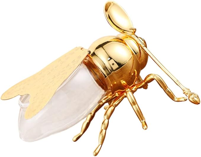 UPKOCH Bee Honey Jar, Glass Honey Pot Container, Syrup Dispenser, Crystal Condiment Pot with Spoon, Sugar Holder Bowl with Decorative Statue for Kitchen Home, Golden