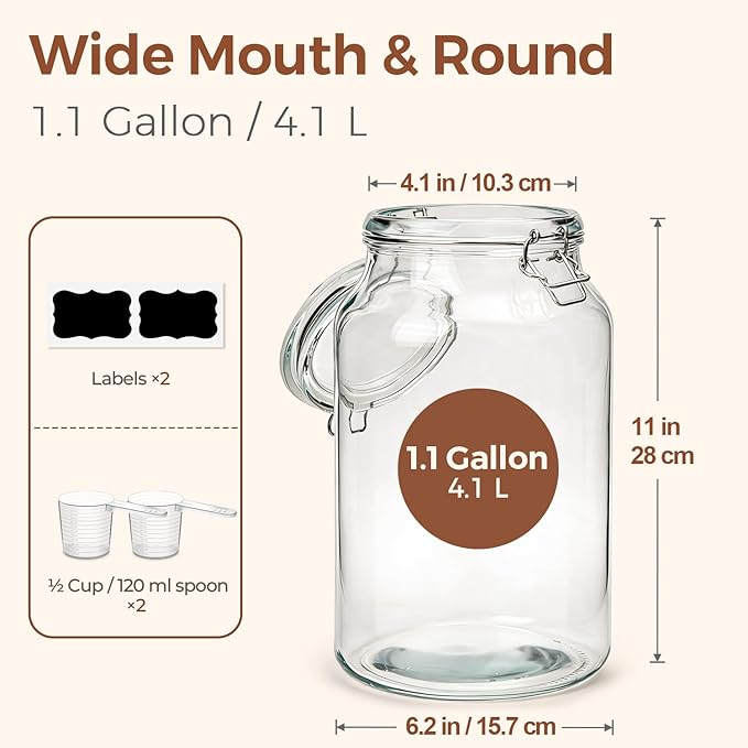 ComSaf 1.1 Gallon Glass Jars with Airtight Lids (138oz, Set of 2), Extra-Wide Mouth Canisters for Bulk Flour & Sugar Storage, Ideal for Fermenting Sourdough, Kombucha & Pickles