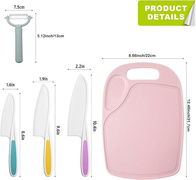 Plastic Fruit Knife Set with Cutting Board & Peeler: 5-Piece Safe Nylon Food-Grade Kitchen Kit for Safe Fruit & Veg Prep, Serrated Edges Lettuce Knife for Fruit, Bread, Cake, Salad