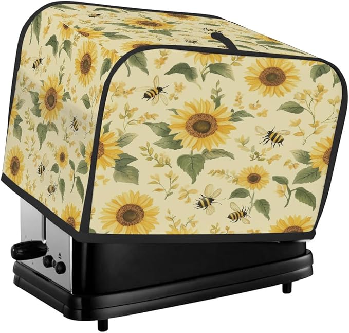4 Slice Toaster Cover,Sunflower Bee On Retro Small Kitchen Appliance Bread Machine Cover with Pockets,Dust & Fingerprint Protection