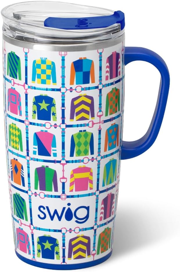 Swig Life 22oz Travel Mug, Insulated Tumbler with Handle and Lid, Travel Coffee Mug, Cup Holder Friendly, Stainless Steel 22 oz Tumbler, Reusable Insulated with Lid (Jockey Club)