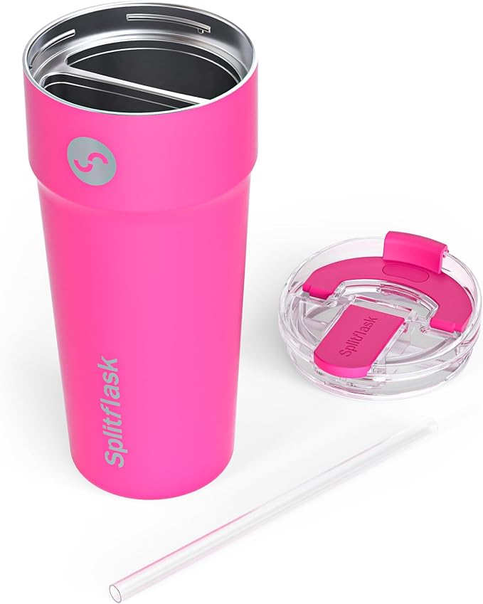 Splitflask 2-in-1 Dual Chamber Tumbler 30oz Hot & Cold Insulated Cup with Straw & Sip Lid, Leak Resistant Stainless Steel Travel Mug for Coffee, Water, Moms, Gym, Work, Car Cup Holder BPA-Free