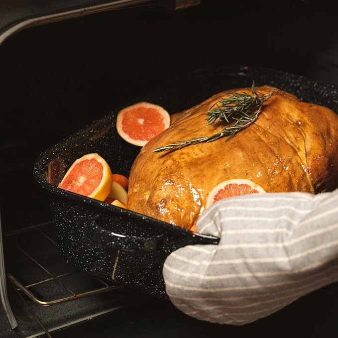Granite Ware 19-Inch Covered Rectangular Roaster - Enamel Steel Cookware, Nonstick & Chemical-Free, Dishwasher Safe - 25 Lb Capacity, Large Roasting Pan for Meats, Poultry, Vegetables (Speckled Black)