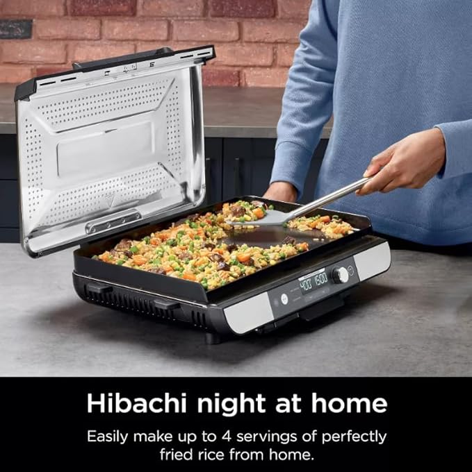 Niinnja Sizzle Pro XL 20" Indoor Griddle & Grill with Pro Temp, Detachable Ventilated Lid, Grease Control, Ceramic Nonstick Plates, Even Edge Cooking, Extra Large Capacity, Silver/Black (Model GX 101)