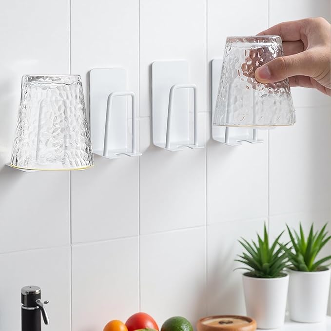 BAIEUEJO 4PCS Mug Hooks Wall-Mounted Mug Holder, Coffee Cups Holder Hanger no Drilling,Toothbrush and Cup Organizer,Storage Hooks for Kitchen, Living Room, Office (White-1cup)
