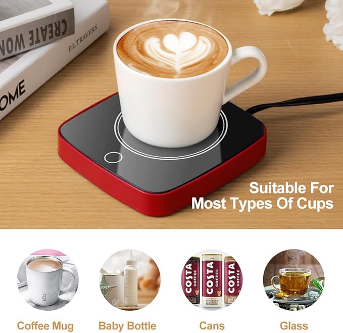 Coffee Mug Warmer Waterproof Smart Cup Warmer with 3 Temperature Setting for Warming & Heating Coffee, Beverage, Milk, Tea and Hot Chocolate (Red)