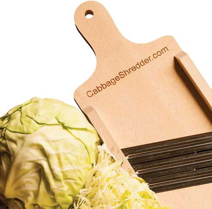 Wooden Cabbage Shredder, Vegetable Slicer for Food Preparation, Sauerkraut, Coleslaw, Salads. Pre-Oiled. Three Blades. A Cut Resistant Glove.