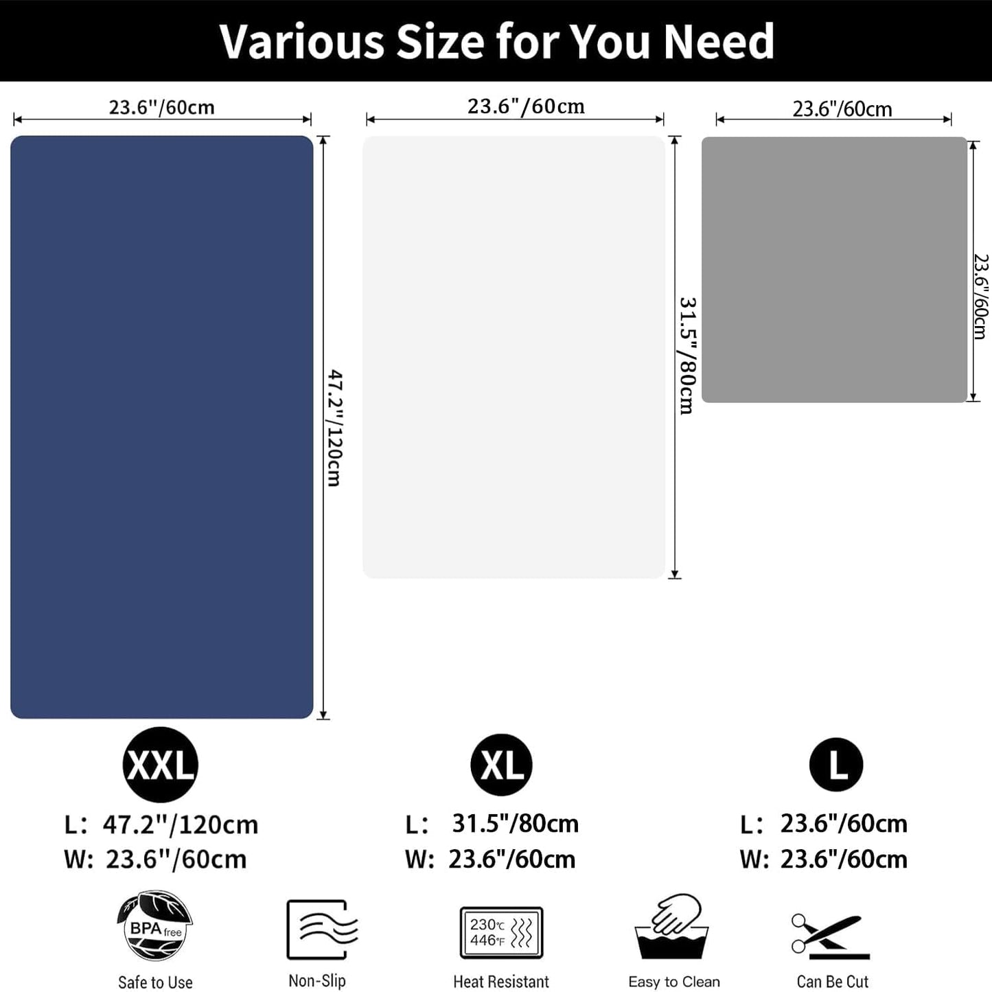 2MM Super Thick Large Silicone Mat, 23.6"x31.5", Non-Slip Heat Resistant, Thicken Kitchen Counter Mats, Waterproof Countertop Protector for Craft (Light Gray)
