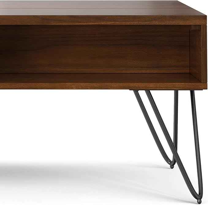 SIMPLIHOME Hunter Lift Top Coffee Table - 48 inch Wide Walnut Veneer and Metal Industrial Cocktail Table, Functional Living Room Table with 2 Storage Cubbies and Hairpin Legs