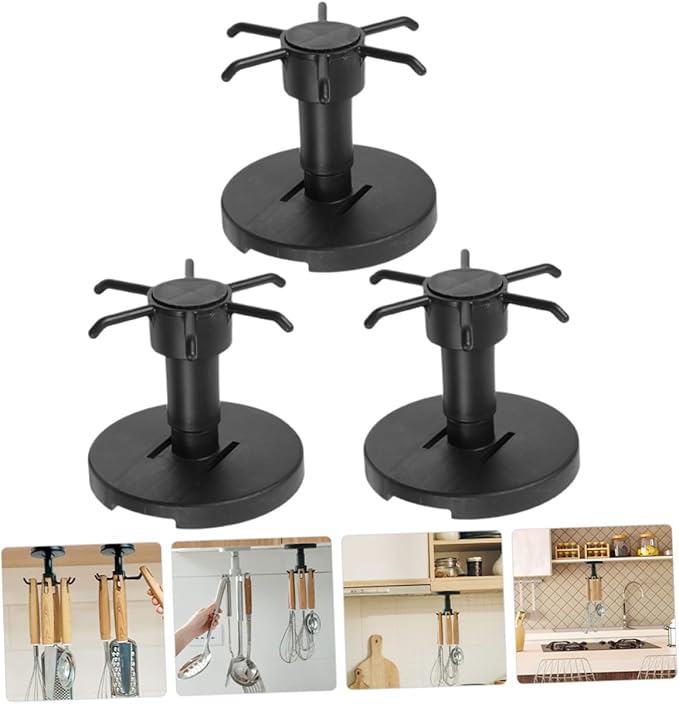 SUPVOX 3pcs Rotating Hanging Utensil Hooks Kitchen Utensil Holder Nail-Free Under Cabinet Storage Rack Black for Kitchen Organization