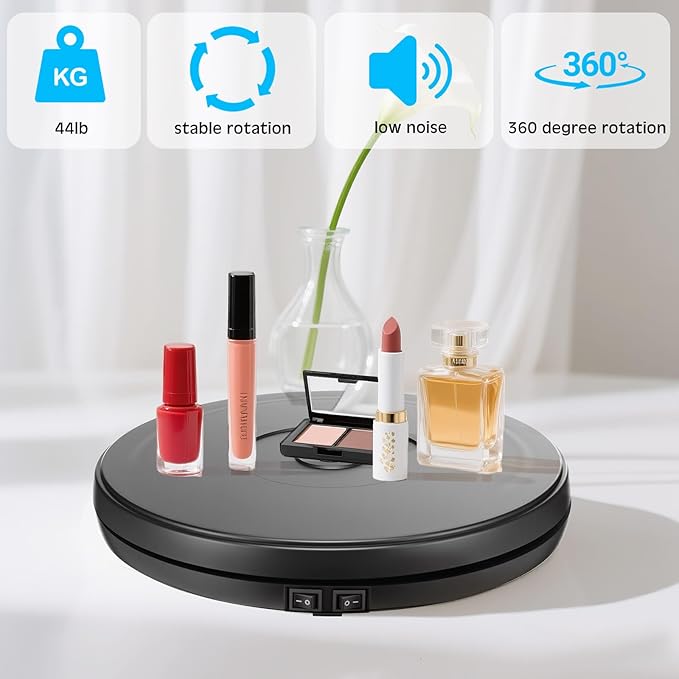 Tuanse 10 Inch Electric Motorized Rotating Turntable Cup Display Stand with LED, 44 lb Centric Loading for Table, 360 Degree Product Display Stand for Shop Jewelry Photography Video(Black)