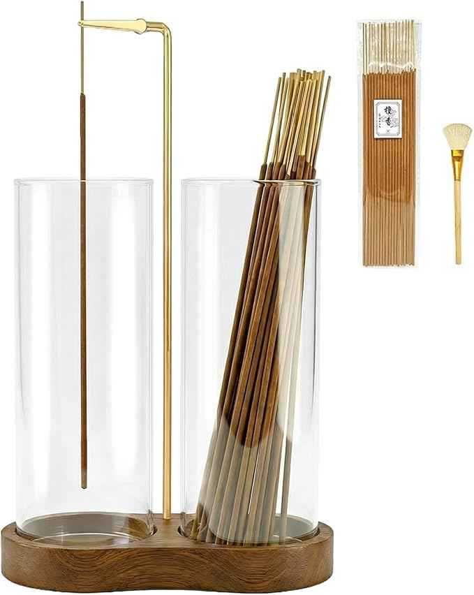 Incense Holder, 2 in 1 Wooden Incense Holder for Sticks with 20 Incense Sticks, Anti-ash Incense Burner with Glass Ash Catcher (2 Glass Ellipse Base)