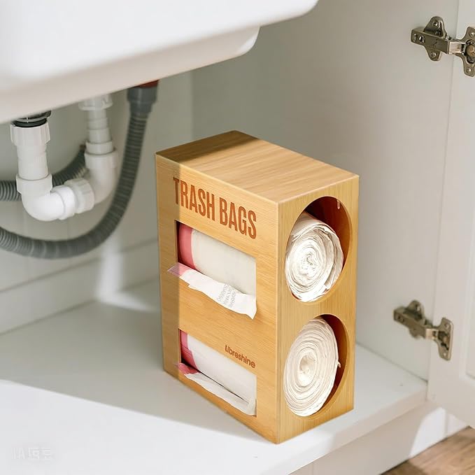Extra Large Bamboo 2-in-1 Trash Bag Dispenser & Roll Holder – Fits Costco Kirkland & Members Mark Jumbo Rolls, Wall/Under-Sink/Cabinet Mountable, Dual-Slot Storage for 2 Rolls