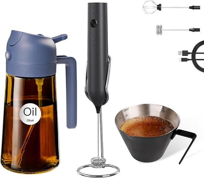 YARRAMATE 16oz/470ml Glass Olive Oil Sprayer (Navy), 100ml Metal Measuring Cup and Rechargeable Milk Frother