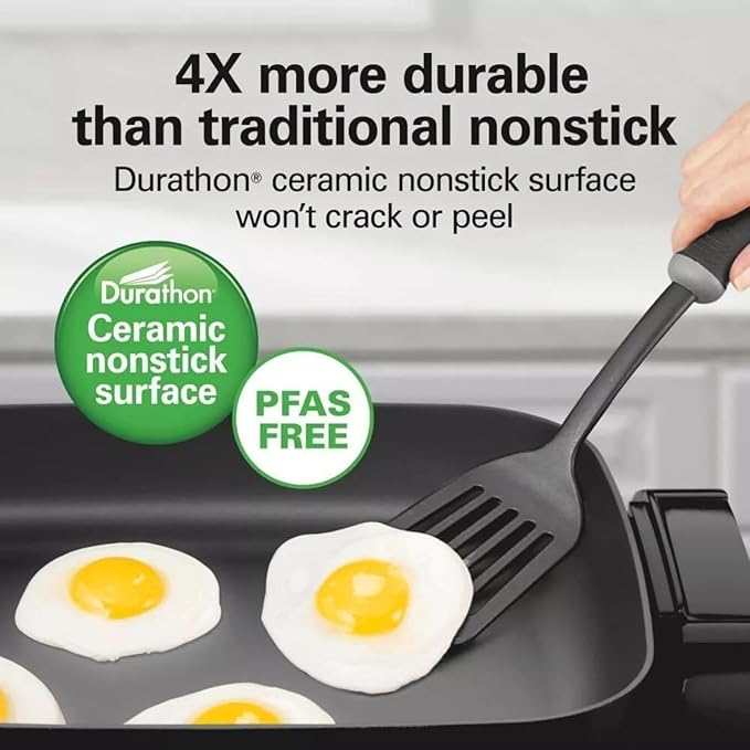 Hamilton-Beach 20.5" x 12.5" x 7.5" Durathons Ceramic Reversible Nonstick Electric Skillet, Large Cooking Surface, Adjustable Temperature Control, Easy Cleaning, Glass Lid, Black