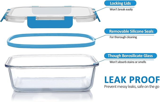 M MCIRCO 30 Pieces Glass Food Storage Containers with Upgraded Snap Locking Lids,Glass Meal Prep Containers Set - Airtight Lunch Containers, Microwave, Oven, Freezer and Dishwasher Friendly, Blue