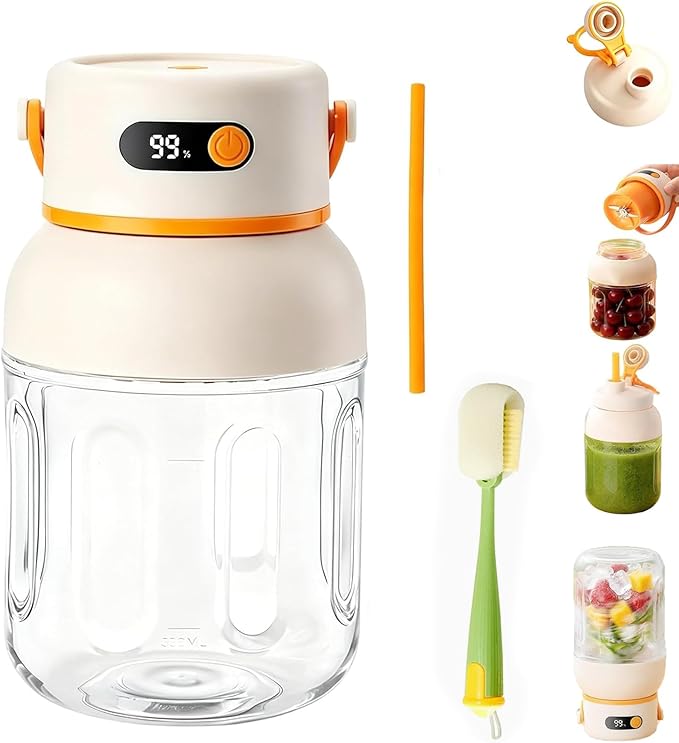 Portable Electric Juicer Cup with Zero Cord Hassle, 33 Oz Cordless Personal Juicer Cup, Digital Display Portable Juicers Blender with Stainless Steel Blades, USB-C (orange-1000ml)