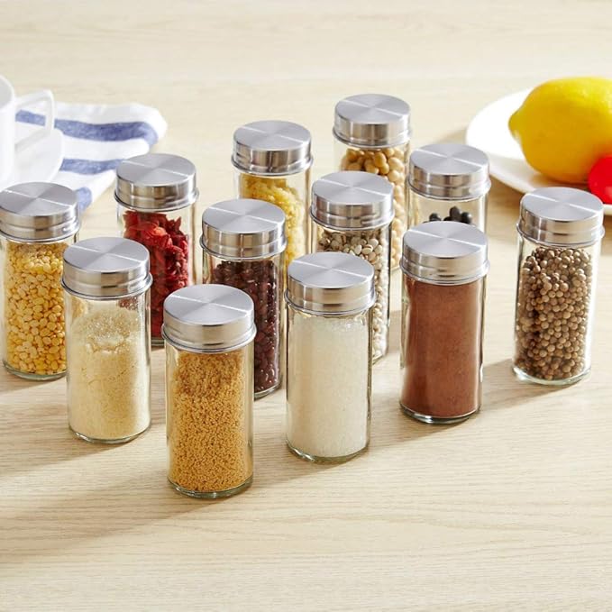 Revolving Spice Rack Organizer with 12 Jars, Countertop Spice Seasoning Rack Tower with 12 Glass Bottles Refillable for Kitchen Cabinet, Stainless Steel, Silver