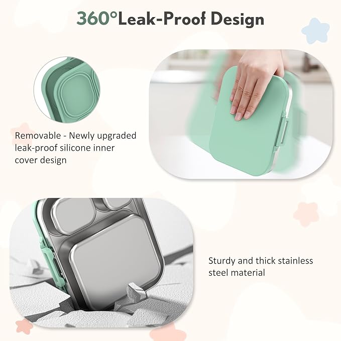 Howeemo Stainless Steel Bento Box Kids, Leak Proof Metal Bento Lunch Box,3 Compartments 304 Stainless Steel Bento Lunch Containers for School and Office, BPA-Free(Green)