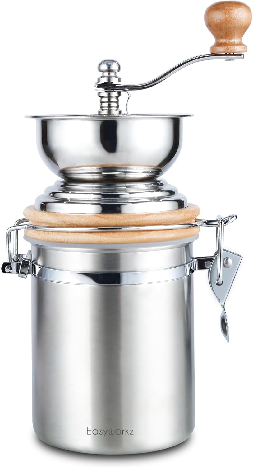 Easyworkz Manual Coffee Grinder - Adjustable Settings, Airtight Canister - Coffee Bean Mill Tool for Kitchen, Hand Crank Coffee Grinder