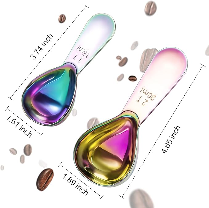 Safring Stainless steel coffee scoop 2-piece set (1 tbsp, 2 tbsp) durable Tablespoon, ergonomic measuring spoon, Suitable for small and large jars，short-handled spoon (colored)