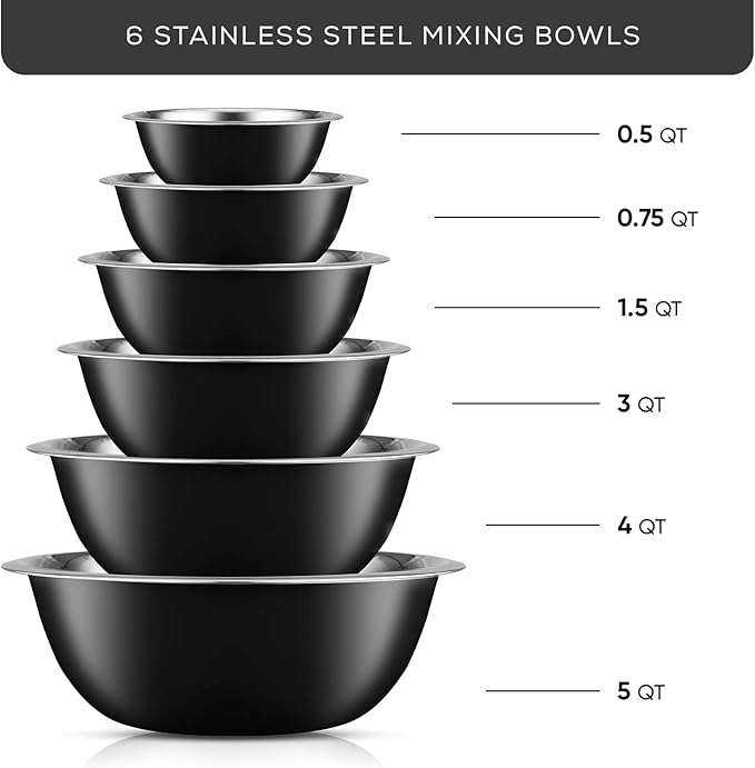 JoyJolt Stainless Steel Mixing Bowl Set - 6 Piece Nesting Bowls, 5qt to 0.5qt, Black, Perfect for Dough, Batter & Baking