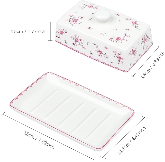 fanquare Porcelain Butter Dish with Lid, Classic Ceramic Butter Keeper with Raised Leg, Butter Dishes for Cafeteria Kitchen Countertop, Blue and White (Pink Rose)