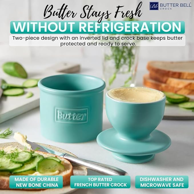 Butter Bell - The Original Butter Bell crock by L Tremain, a Countertop French Ceramic Butter Dish Keeper for Spreadable Butter, Café Matte Collection, Aqua