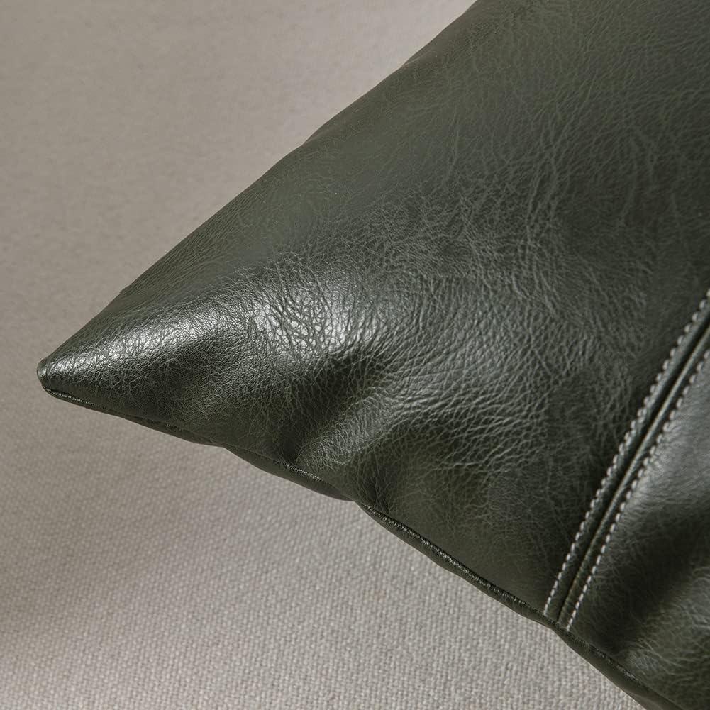 Fancy Homi Dark Green Long Lumbar Faux Leather Decorative Throw Pillow Covers 14x24 Inch for Living Room Couch Bed, Modern Farmhouse Boho Home Decor, Olive Green Hand Stitched Cushion Case 35x60 cm