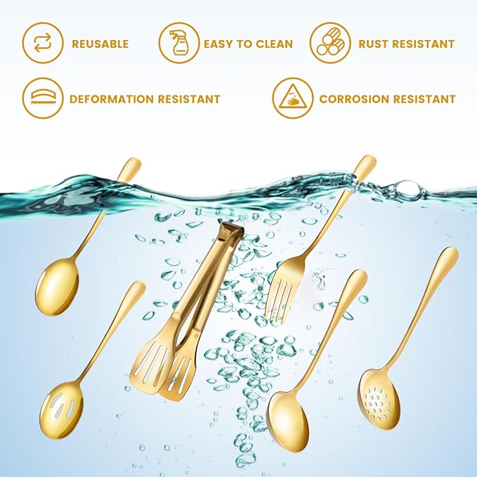 Gold Serving Utensils Set for Partie, Stainless Steel Metal Large Serving Spoons, Slotted Spoons, Forks, Tongs, Soup Spoons, Skimmer Spoon, Cake Server for Buffet, Catering, Entertaining 15pcs