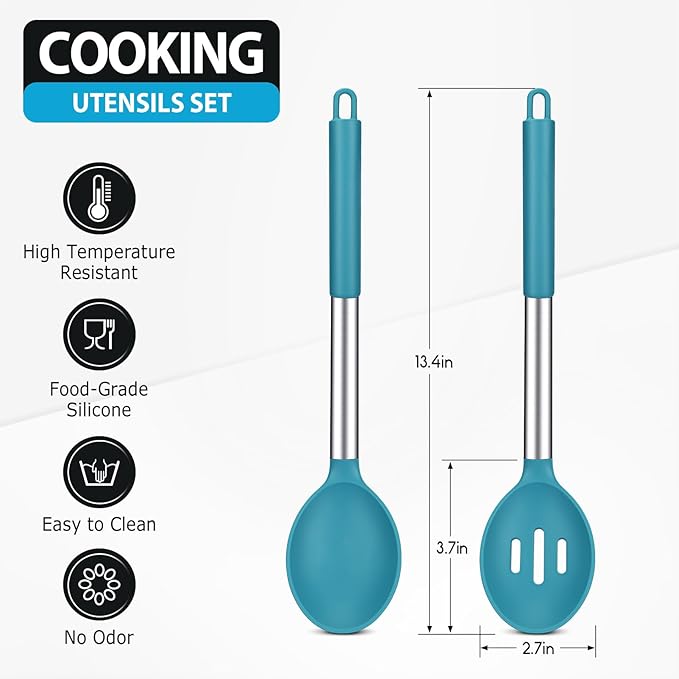 Pack of 2 Large Silicone Cooking Spoons, Non-Stick Stainless Steel Slotted and Solid Spoon Set for Serving, Mixing, Draining, Heat Resistant, Scratch Resistant and BPA Free Kitchen Scoops (Blue)