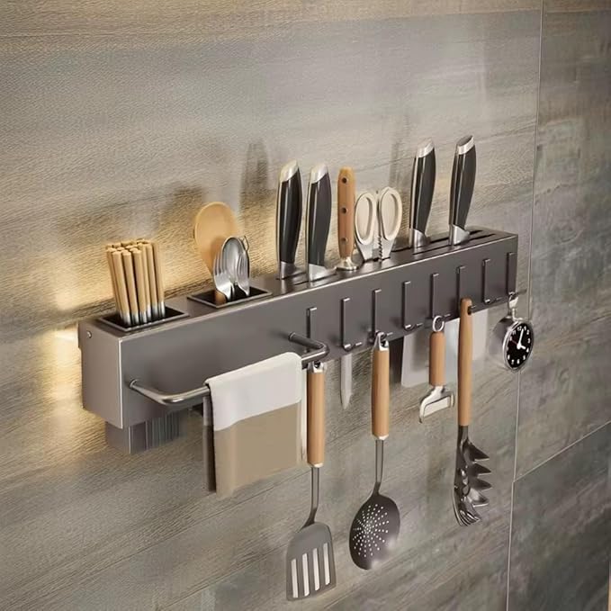 Wall-Mounted Kitchen Organizer - Knife & Utensil Holder with Hooks for Cooking Tools & Towels | Space-Saving Kitchen Storage Rack | Heavy-Duty, Easy Installation & Rust-Resistant.