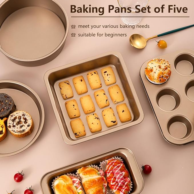 Baking Pans Sets 5-Piece, UNOSCHRIM Nonstick Carbon Steel Bakeware Sets with Round Cake Pan, Round Pizza Pan, Cookie Sheet, Loaf and 6-Cup Muffin Pan, Reusable Baking Sets for Various Baking Scenes