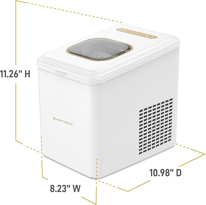West Bend Timeless Ice Maker Mighty Ice Countertop Design Makes 26 Pounds of Bullet-Shaped Ice Cubes in 24 Hours, Digital Touch Controls and Self Cleaning Function, Includes Scoop, White/Gold