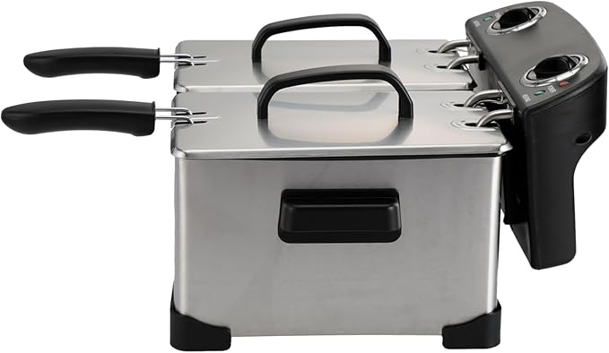 PantryPro 4 Liter / 4.2 Quart Stainless Steel Dual-Tank Electric Deep Fryer, 1800 W, Dual Temperature Control, 2 Baskets, Odor Filter