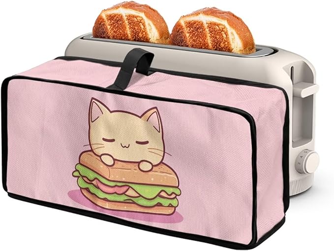 Cute Hamburger Toaster Cover 2 Slice Long Slot 2 Slice Slim Toaster Cover Water-Resistant Folding Small Appliance Covers for Kitchen, Easy to Fold and Store (Pink Cat)
