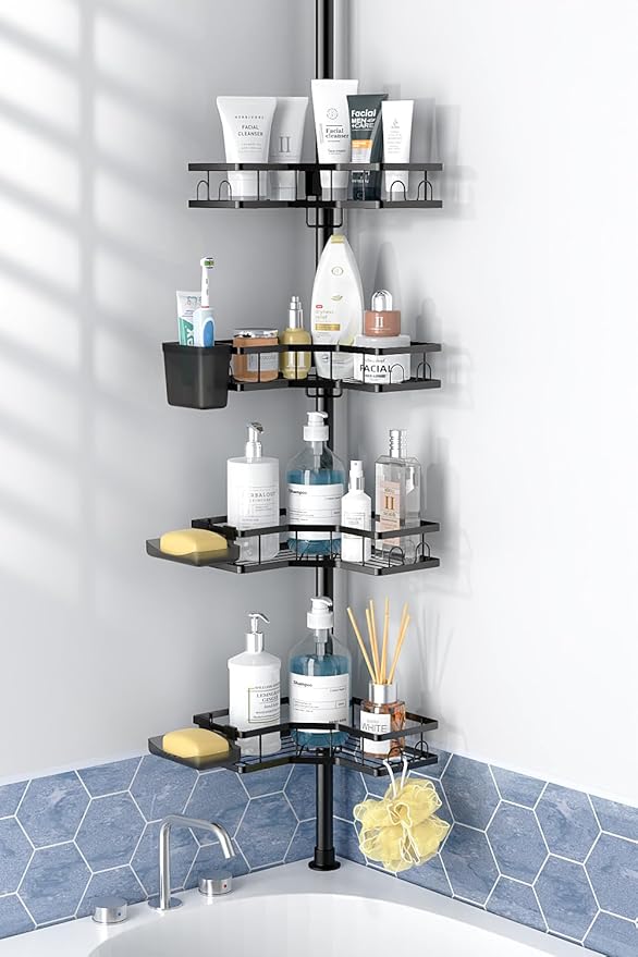 Aitatty Corner Shower Caddy Tension Pole: 4 Tier adjustable Rustproof Bathroom Organizer Shelves - Bathtub shampoo rack 31-124 inch