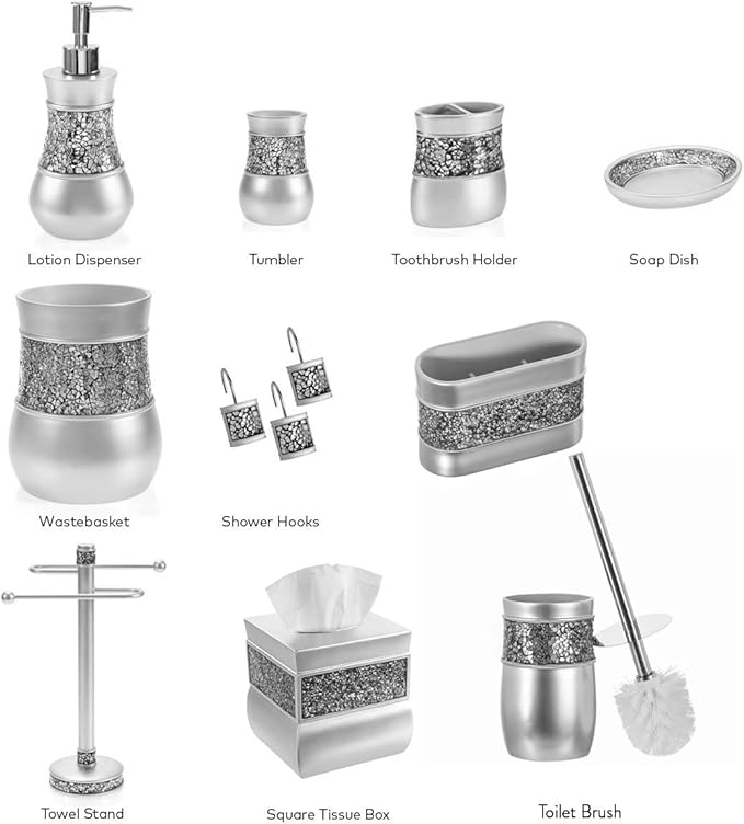 Creative Scents Crackled Glass Silver Bathroom Accessories Set - 6 Piece Bathroom Set Includes: Toilet Brush and Holder Set, Tissue Box Cover, Toothbrush Holder, Soap Dispenser, Soap Dish & Tumbler