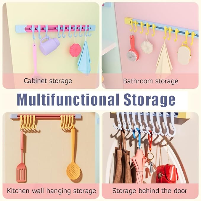 Utility Slide Rail Hook,Under Cabinet Kitchen No Punching Hooks for Hanging Utensil,Bathroom Bedroom Office Wall Door Rack with 10 Hooks,2Pieces