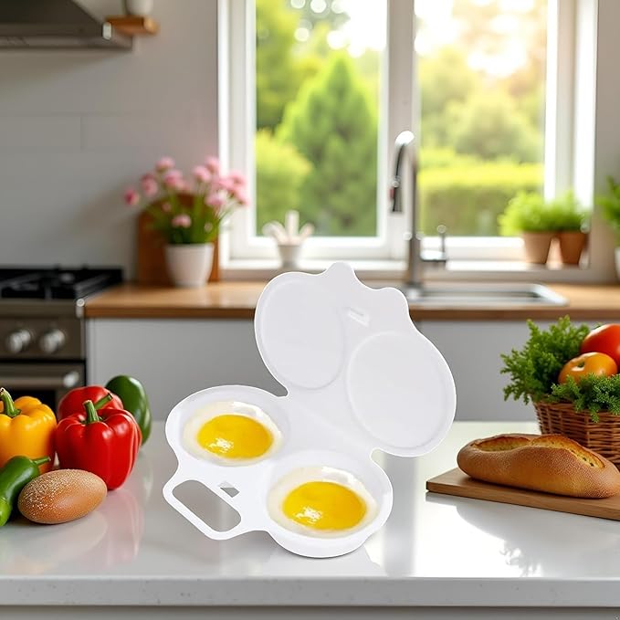 White Egg Poacher, Microwave Egg Boiler Poacher, Microwave Egg Poacher, 2 Cavity Nonstick Poached Egg Maker With Lid, Egg Cooker, Double Drain Poached Cups Specialty Cookware