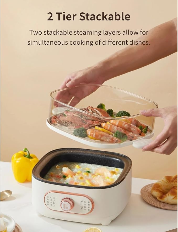 Two Tier Food Steamer, 1200W Electric Hot Pot with Steaming Plate, Mini Hot Pot for Fast Simultaneous Cooking, 10.5L Stackable Multipurpose Cooker for Soup Noodles Oatmeal (PP+pc