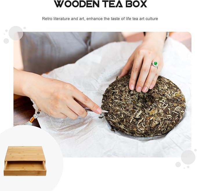 Partykindom Wooden Tea Cake Storage Box with Drawer 9.84X9.44X1.81In Tea Storage Organizer for Pu Er Cake Breathable and Practical Box for Home Use