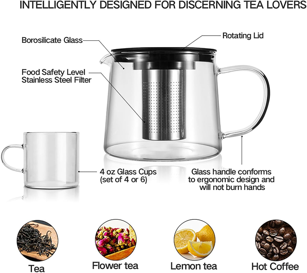 Glass Teapot 51oz/1500ml with 6 Pack Tea Cups Gift Set, Removable Stainless Steel Infuser Tea pot, Heatproof Borosilicate Glass Tea Make, Stovetop Safe Glass Tea Kettle for Loose and Blooming Leaf Tea