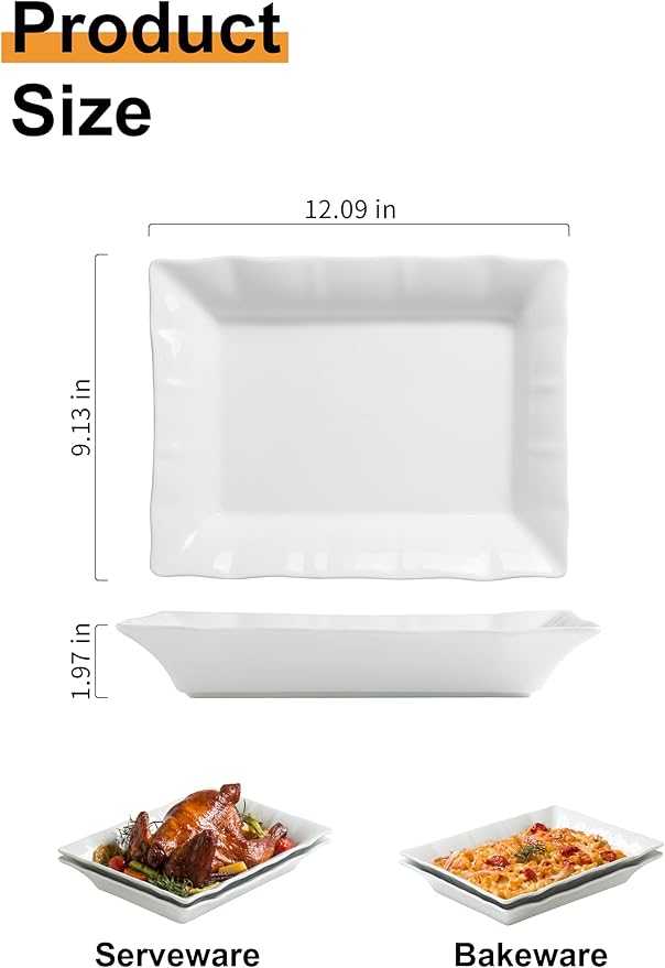 YHOSSEUN Turkey Platters for entertaining Serving Bowls Set of 2, Ceramic Serving Dishes for Thanksgiving, White Serving Platter for Turkey, Rectangular Baking Dishes and Roasting Pan